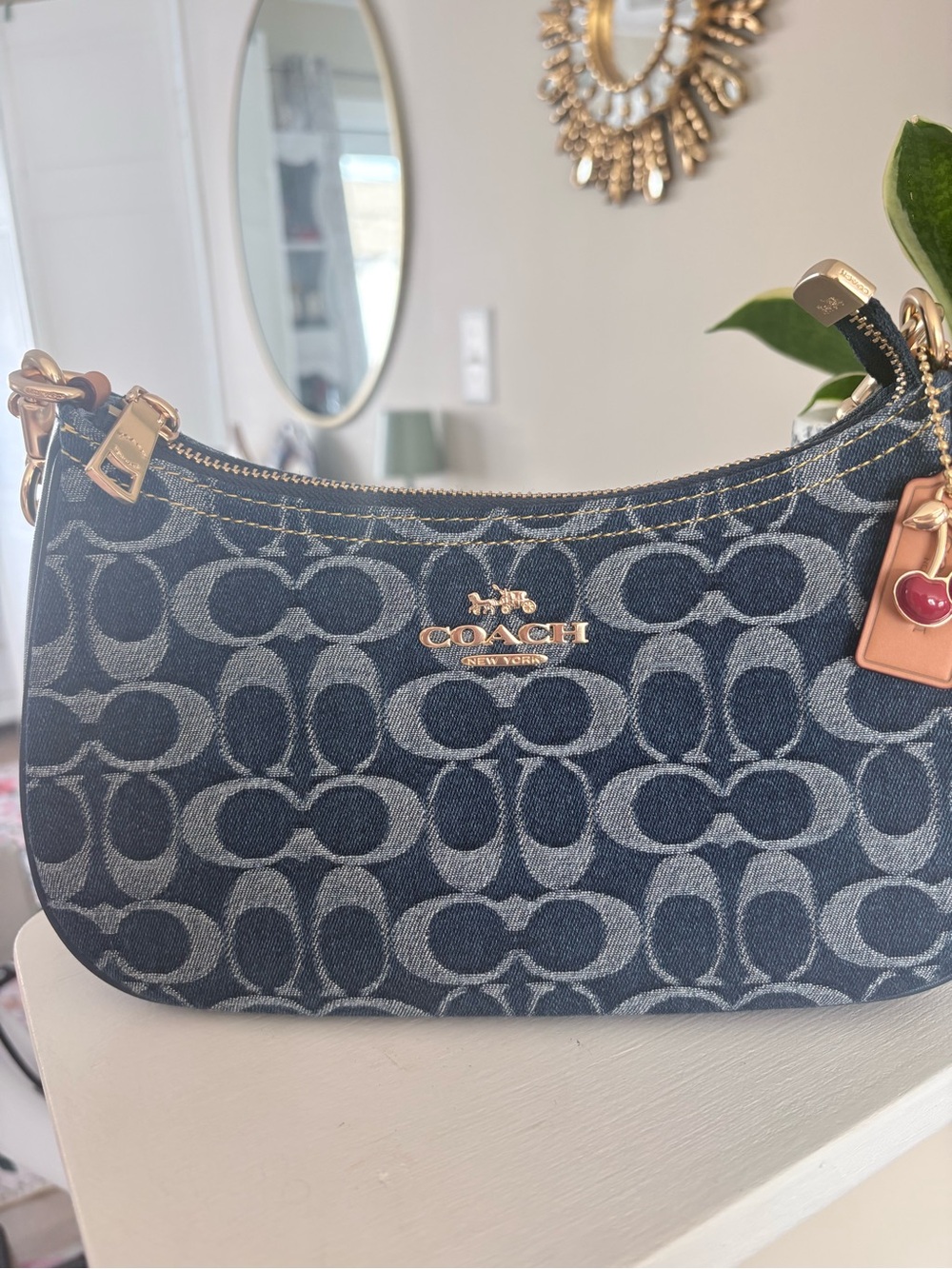Coach Denim Signature Canvas Shoulder Bag with Cherry Charm - Picture 3 of 10